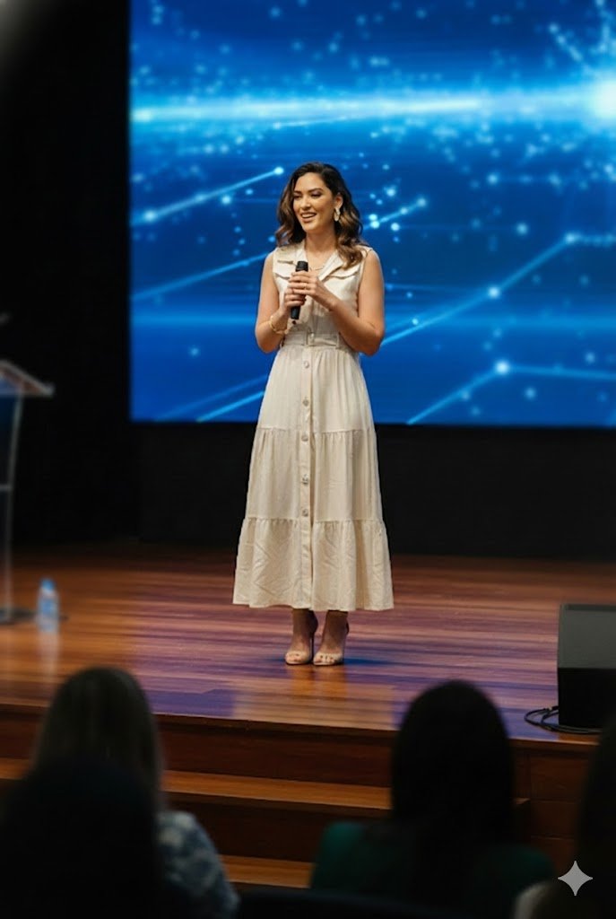 imagem da Psicanálista Júlia Rodrigues de vestido off white e cabelos soltos, em um palco palestrando 